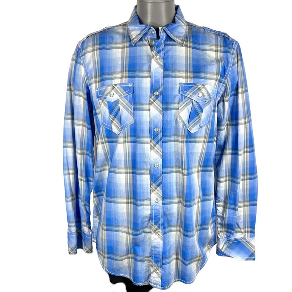INC International Concepts Other - INC Pearl Snap Shirt Men's Large Blue Green Plaid Western Long Sleeve Rodeo NWT